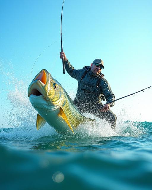 An angler intensely fighting a powerful golden trevally, with the fishing line taut and rod bent dramatically.